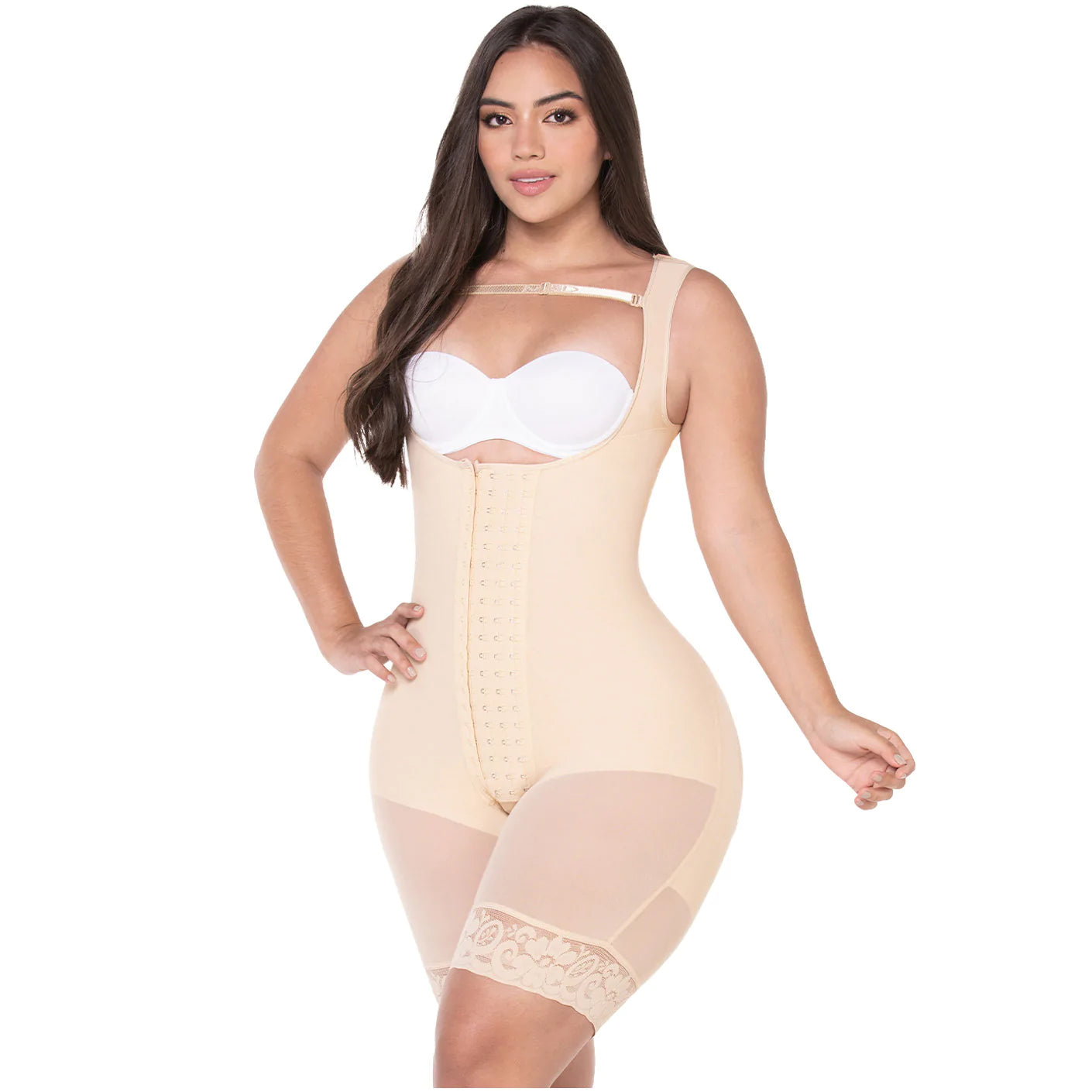 Fajas MYD F00485 | Fajas Colombianas Post Surgery Mid Thigh Shapewear  Bodysuit for Guitar and Hourglass Body Types - Beige / 2XS
