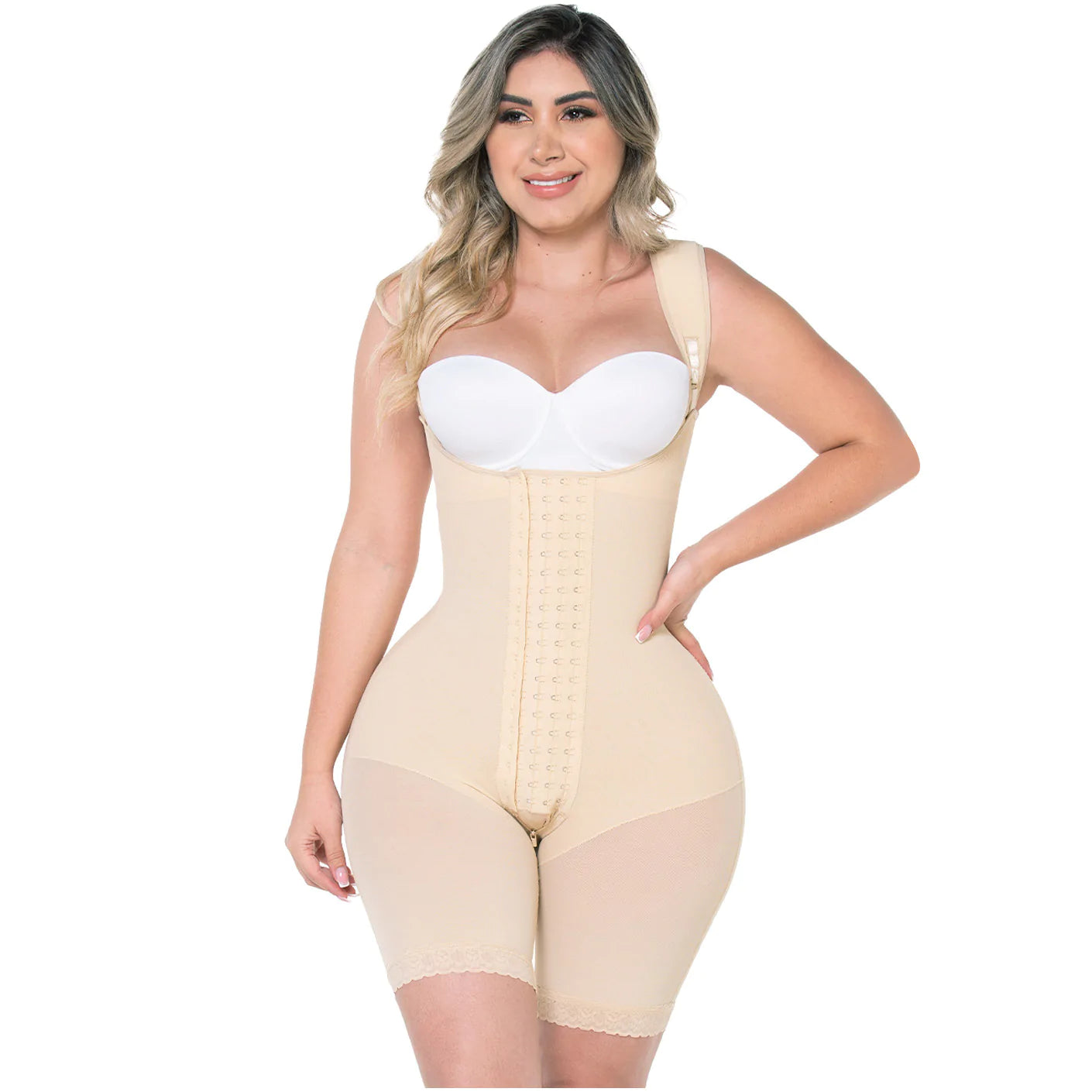 Fajas MYD F00489 | Fajas Colombianas Post Surgery Mid Thigh Shapewear  Bodysuit for Guitar and Hourglass Body Types - Beige / 2XS