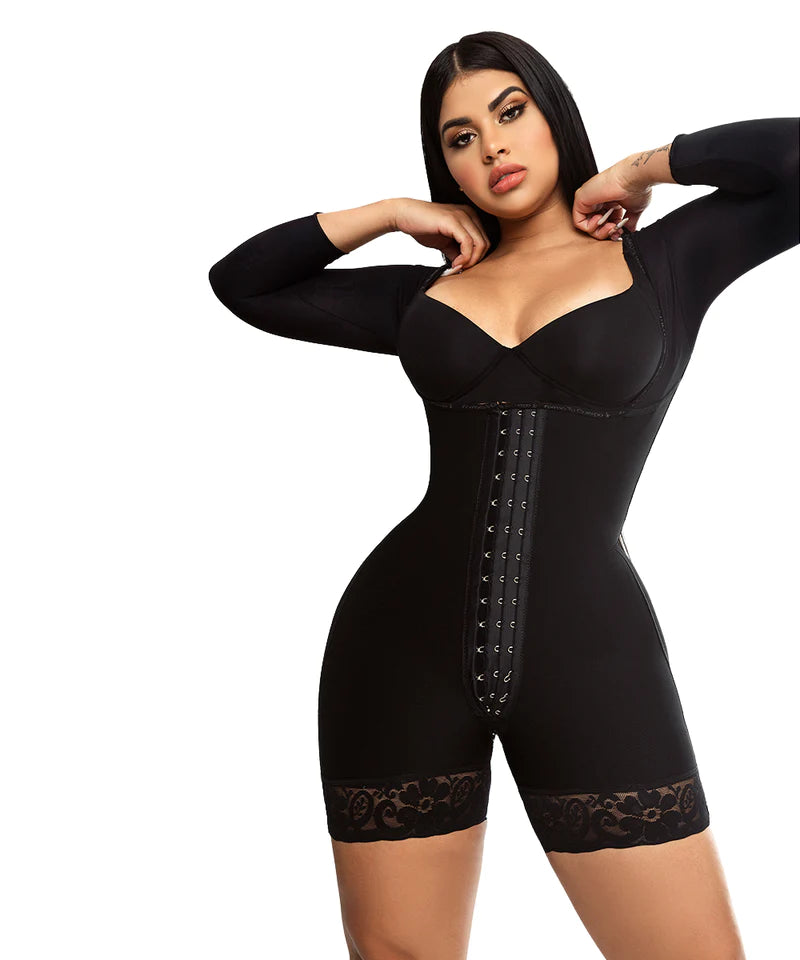 forma tu cuerpo O-215 Open Bust Bodysuit Mid Thigh - Long Sleeves - Center Clasps - Perineal Zipper