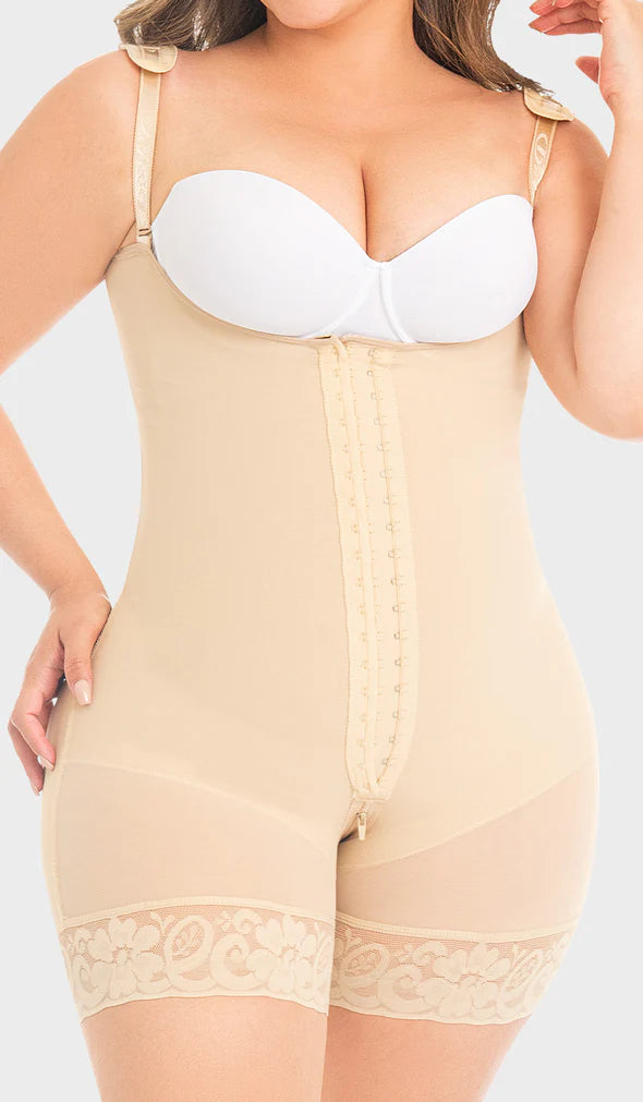 Fajas MYD F00489 | Fajas Colombianas Post Surgery Mid Thigh Shapewear  Bodysuit for Guitar and Hourglass Body Types - Beige / 2XS