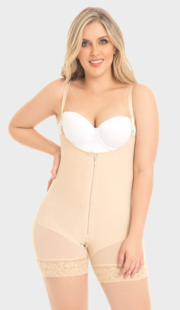 MYD F0768 MID-THIGH FAJA BACK COVERAGE AND ADJUSTABLE STRAPS WITH ZIPPER -  2XS / BEIGE